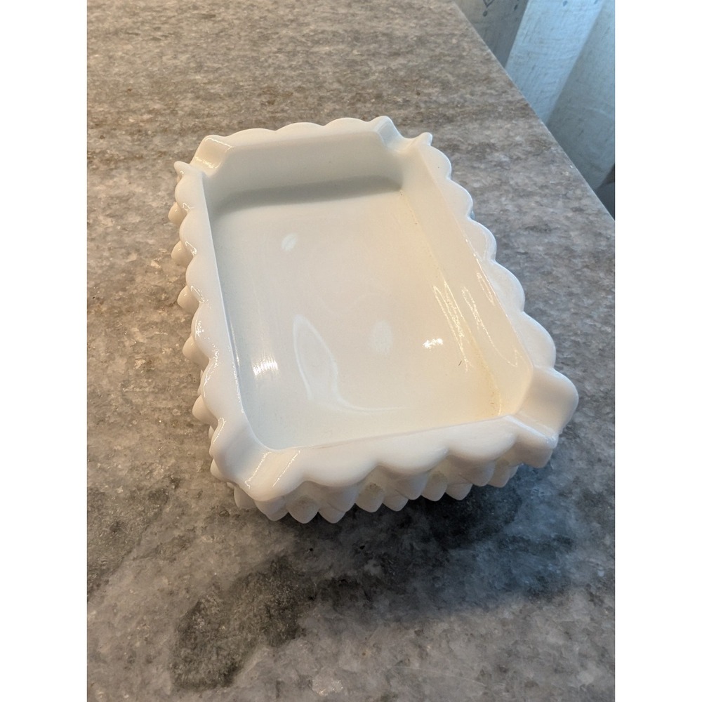 Vintage Fenton 5" ashtray milk glass hobnail trinket dish white scalloped edges